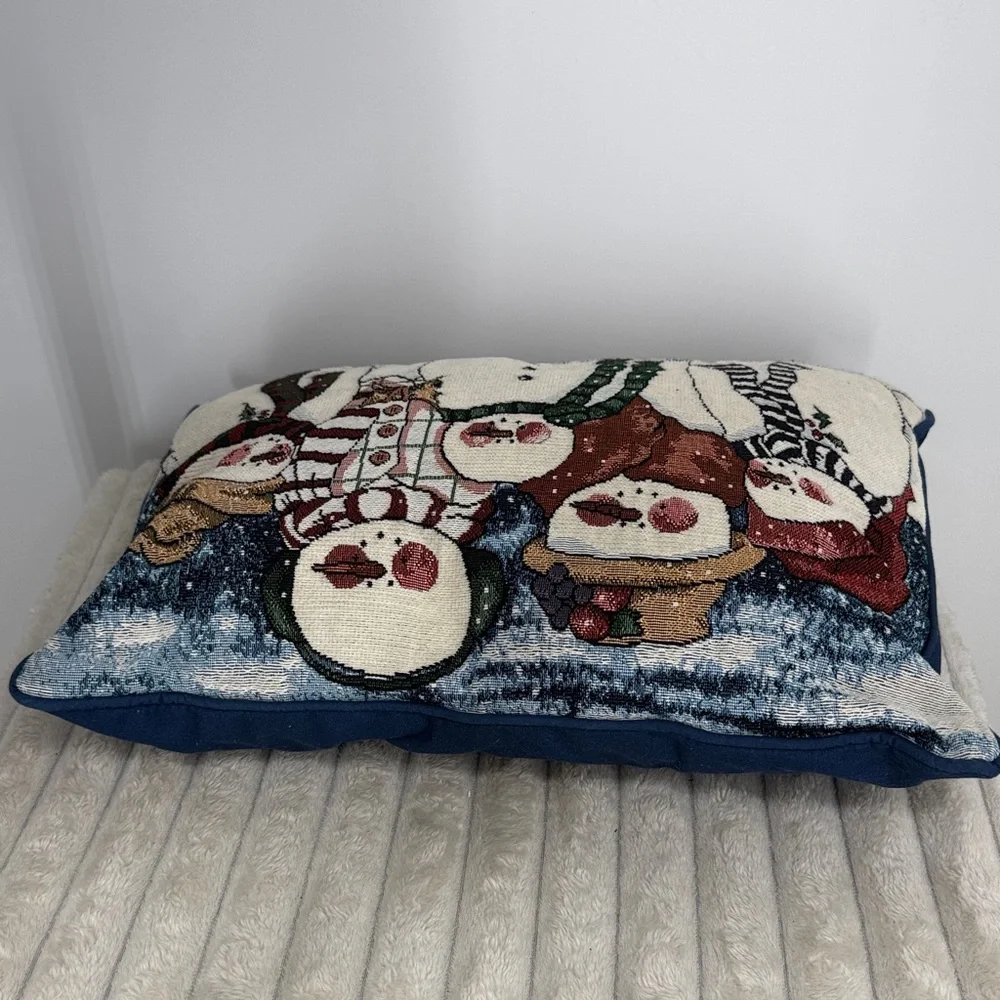 Vintage Snowman Family tapestry accent pillow Holiday Christmas Decor 17” x 12”